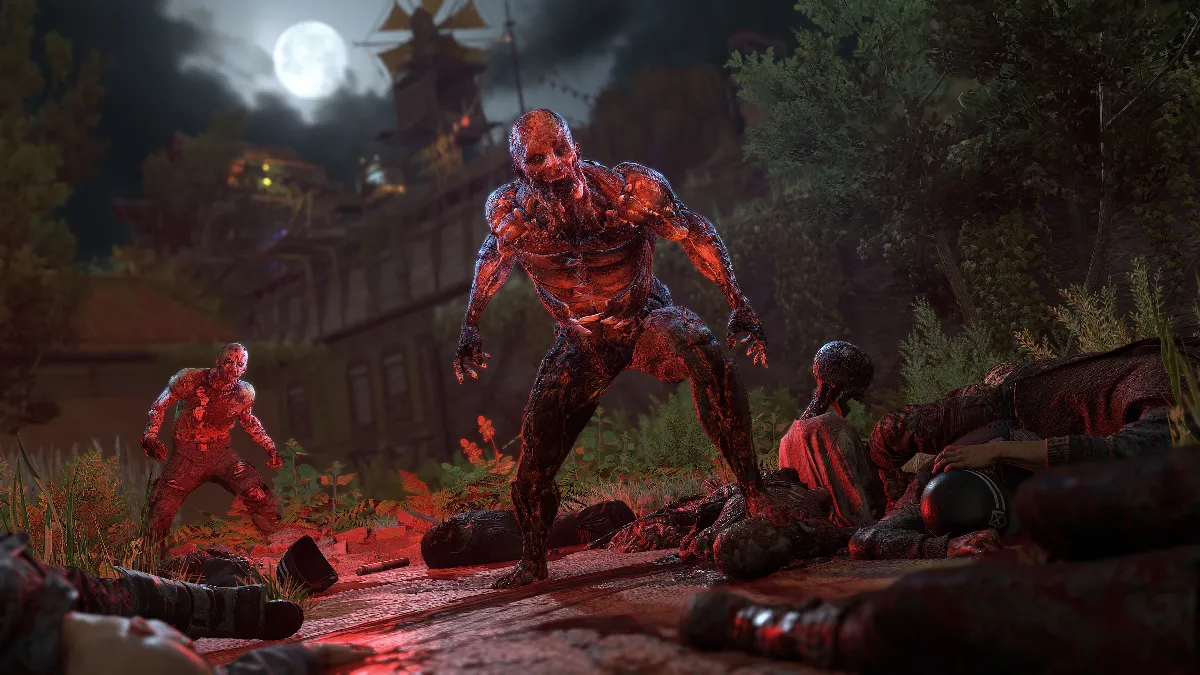 آلودههای سرخرنگ در شب مهتابی کنار جسدها، در بازی دایینگ لایت ۲ (Dying Light 2 Stay Human)
